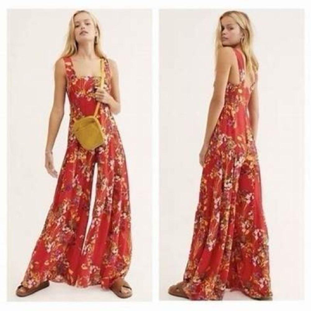 Free People One Red Floral Print Aloha Romper Jumpsuit xs